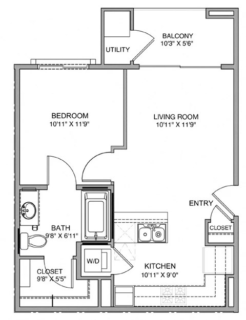 Floor plan for 1 bed, 1 bath, 605 sqft